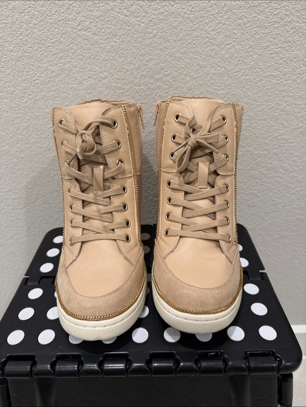 Aldo Taupe High-Top Lace-Up Sneakers with Gold Trim